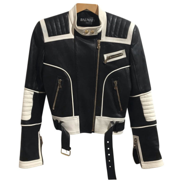 Veste Balmain cuir noir et blanc T.34