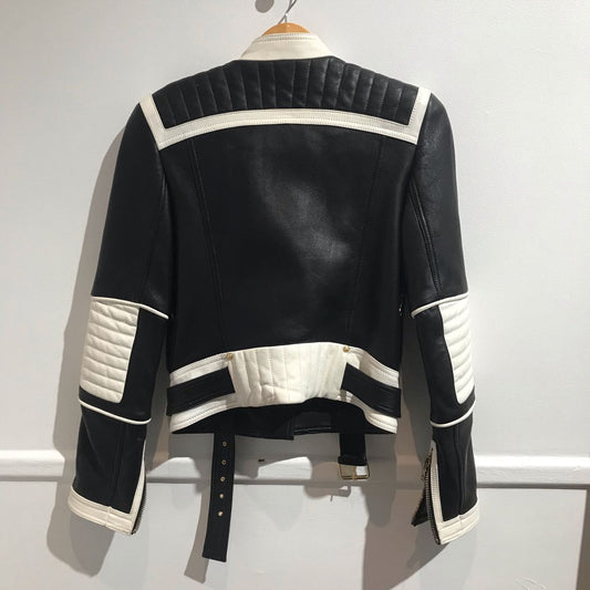 Veste Balmain cuir noir et blanc T.34