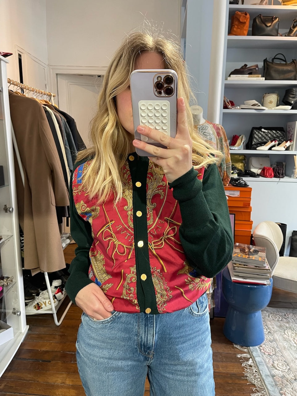 Gilet Hermès vert foulard T.38