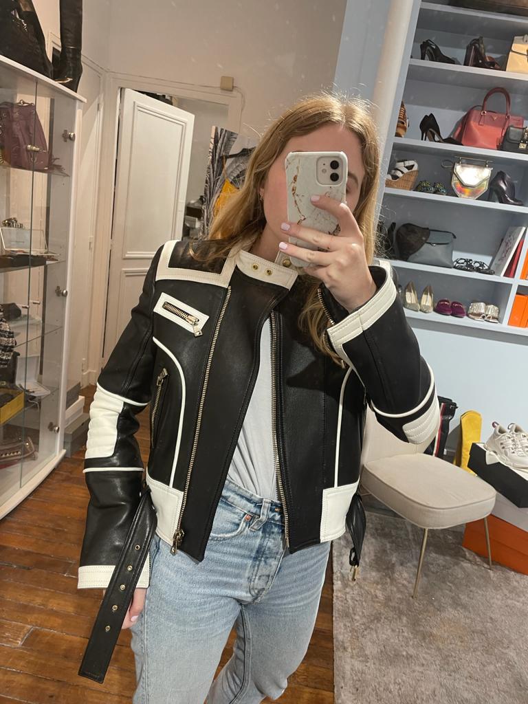 Veste Balmain cuir noir et blanc T.34