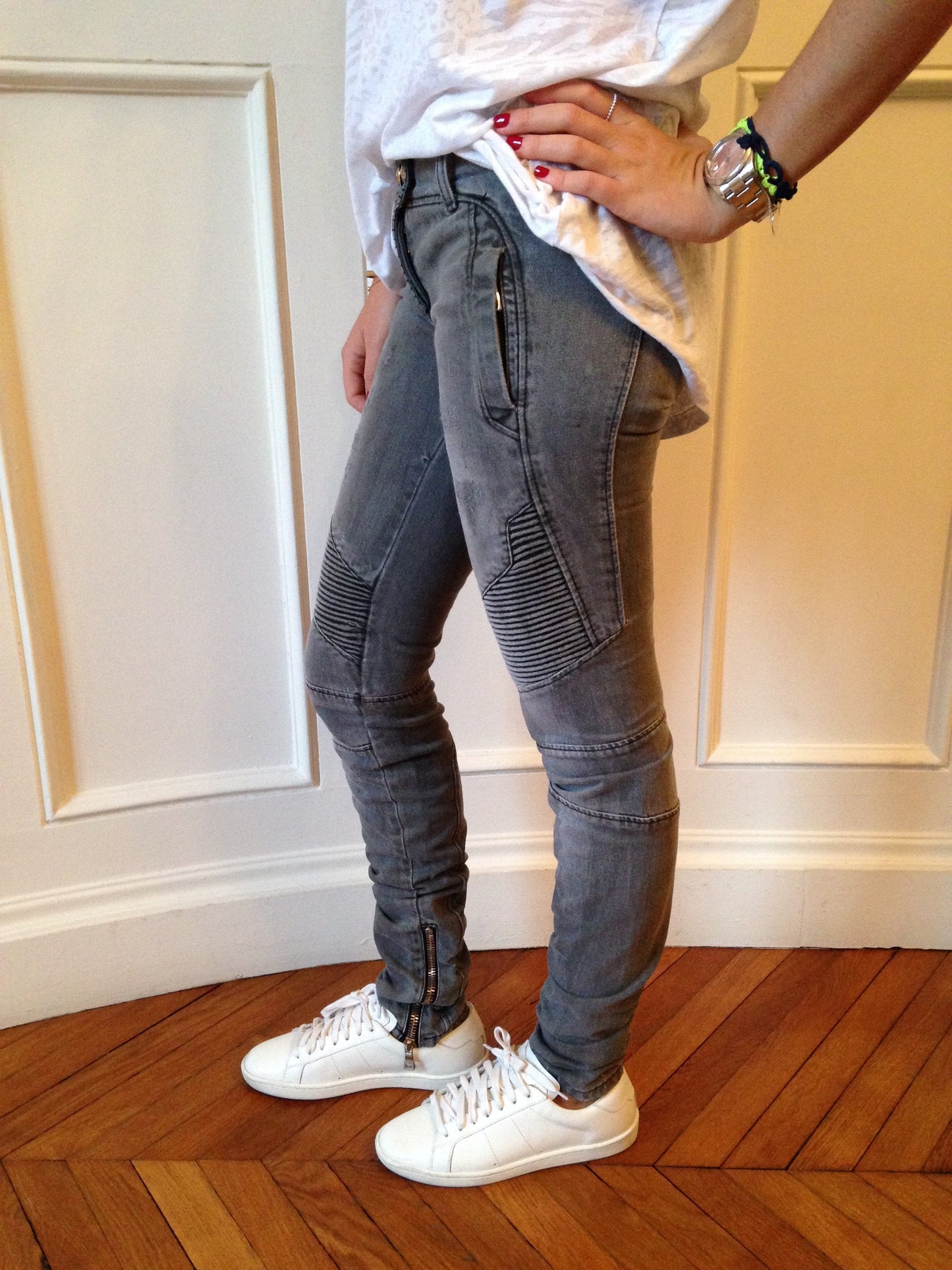 Jeans Biker Balmain Gris T.36