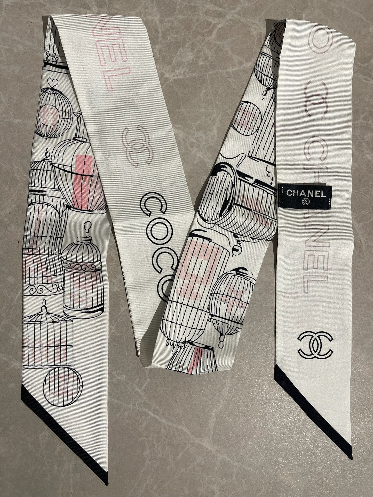 Foulard slim bandeau Chanel blanc/rose