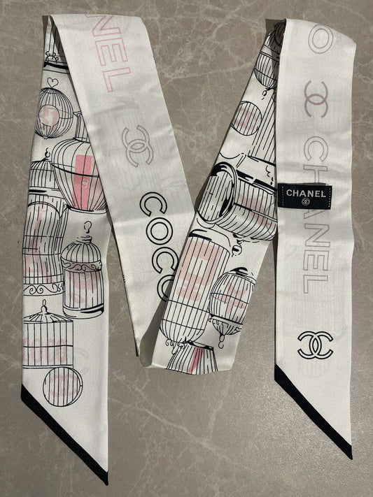 Foulard slim bandeau Chanel blanc/rose