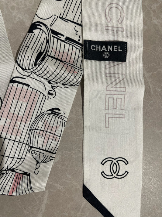 Foulard slim bandeau Chanel blanc/rose